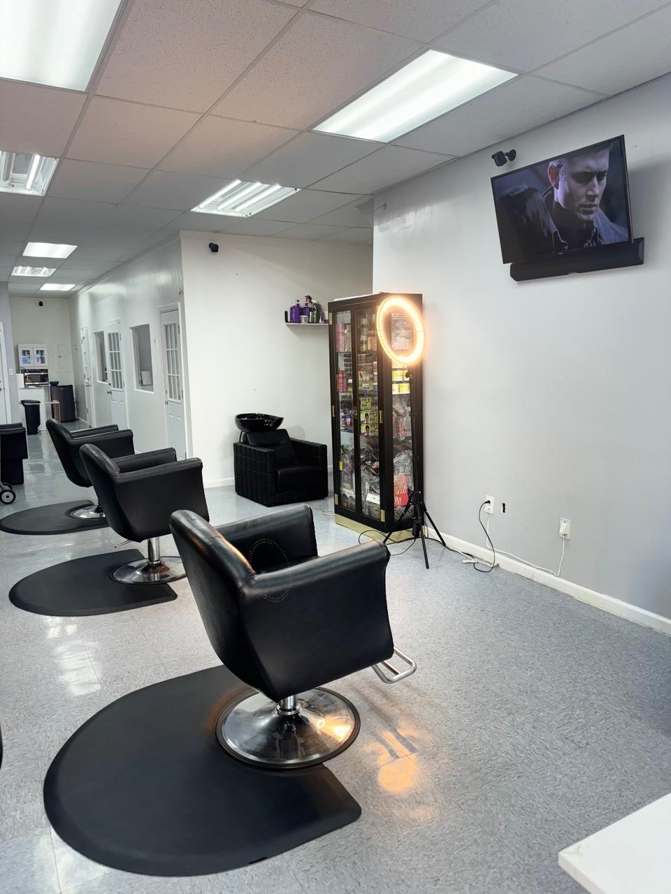  salon,interior,chairs,hair salon,lighting,television  