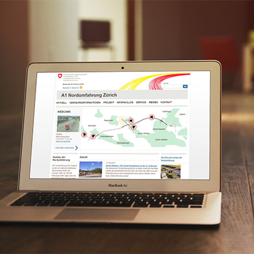 Notebook mit Homepage der Website für das ASTRA-Projekt zum Ausbau der Nordumfahrung Zürich Notebook mit Homepage der Website für das ASTRA-Projekt zum Ausbau der Nordumfahrung Zürich