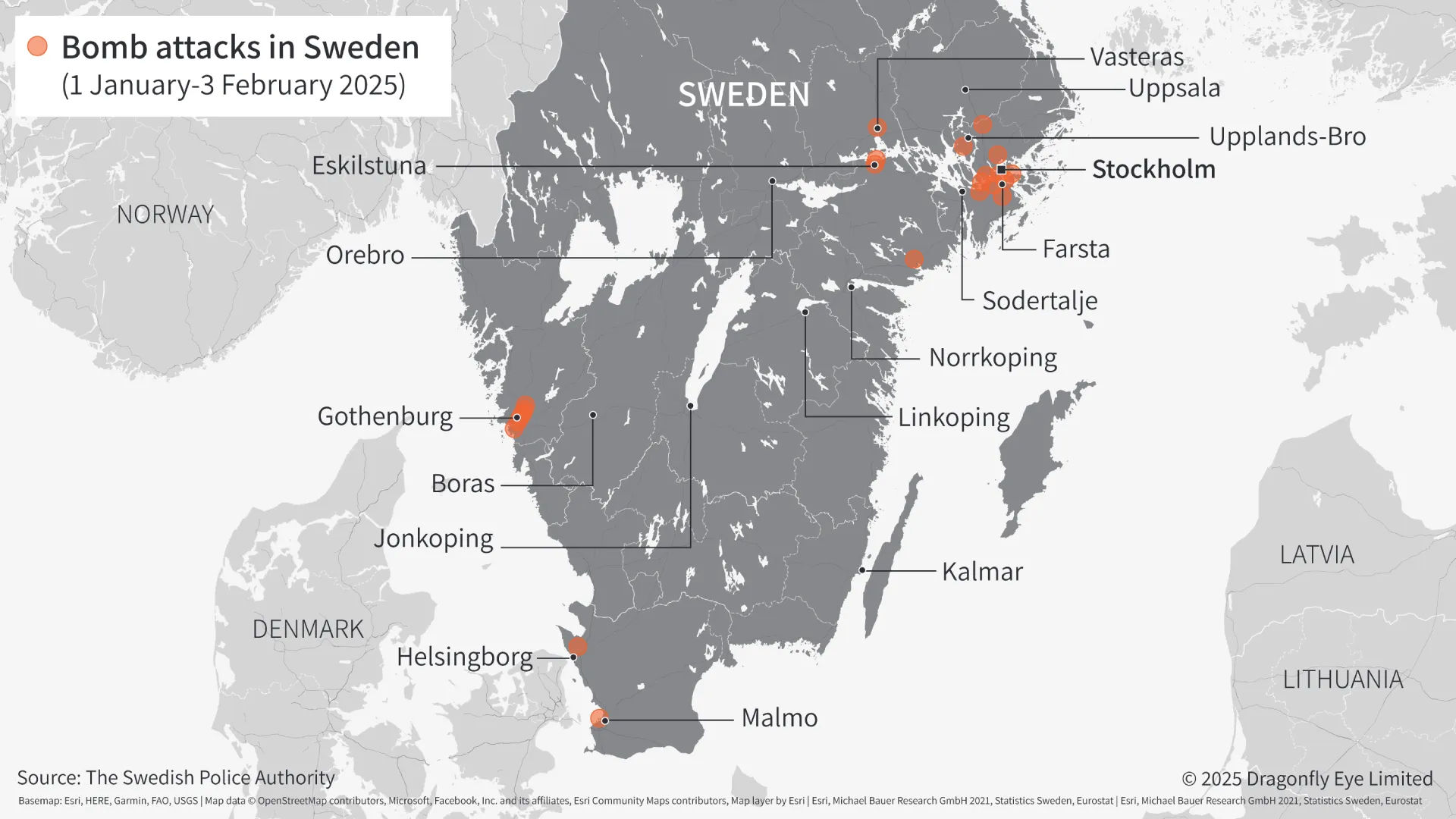Map of gang-related bombings in Sweden