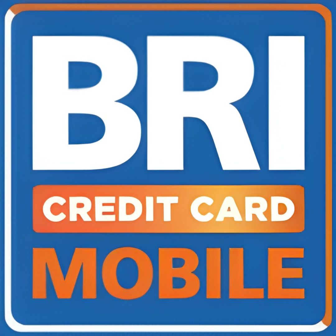 BRI Credit Card Mobile logo with white BRI text on blue background and orange credit card and mobile text