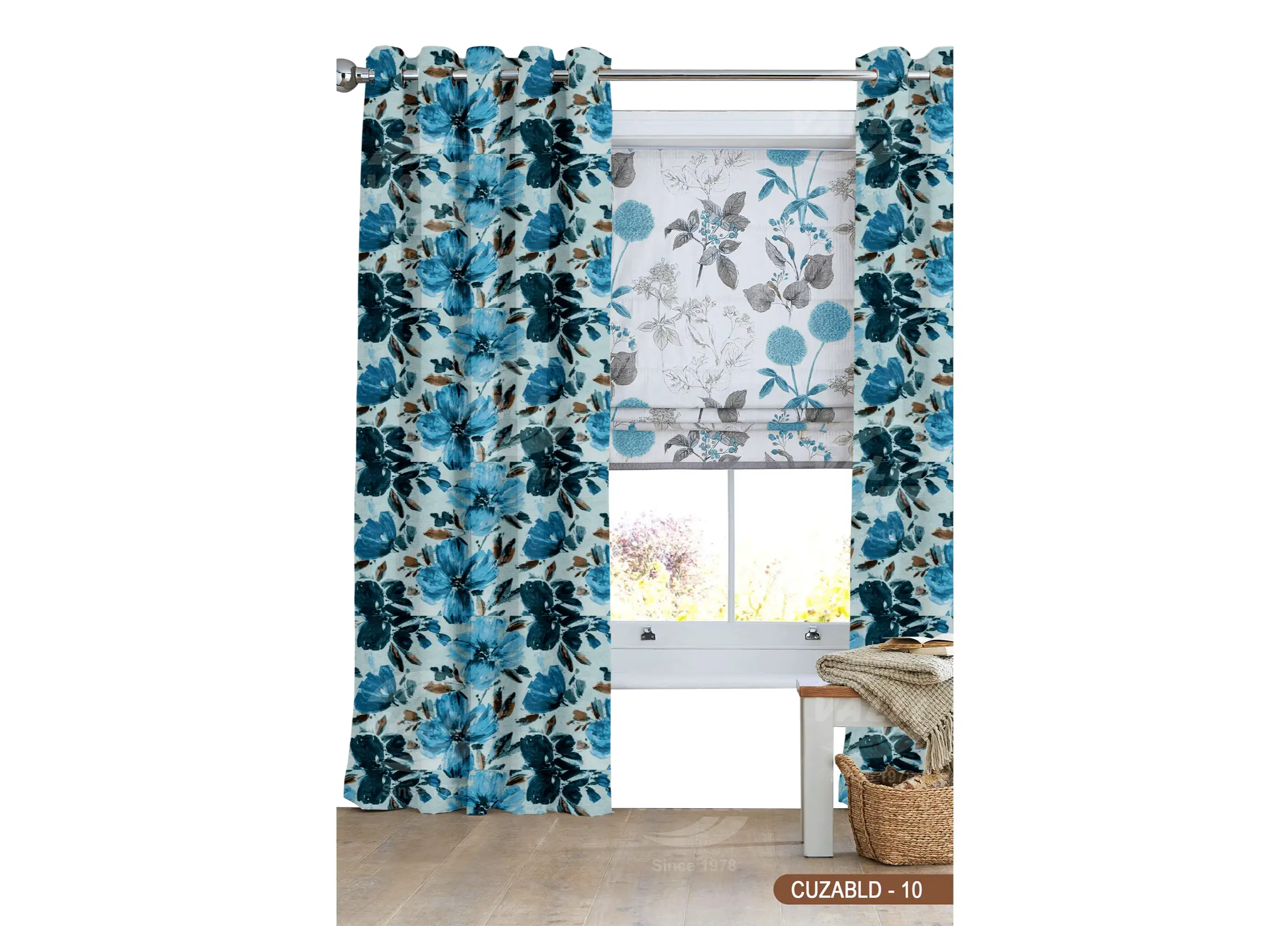 Self Design Big Flower Velvet Type Curtain Blue