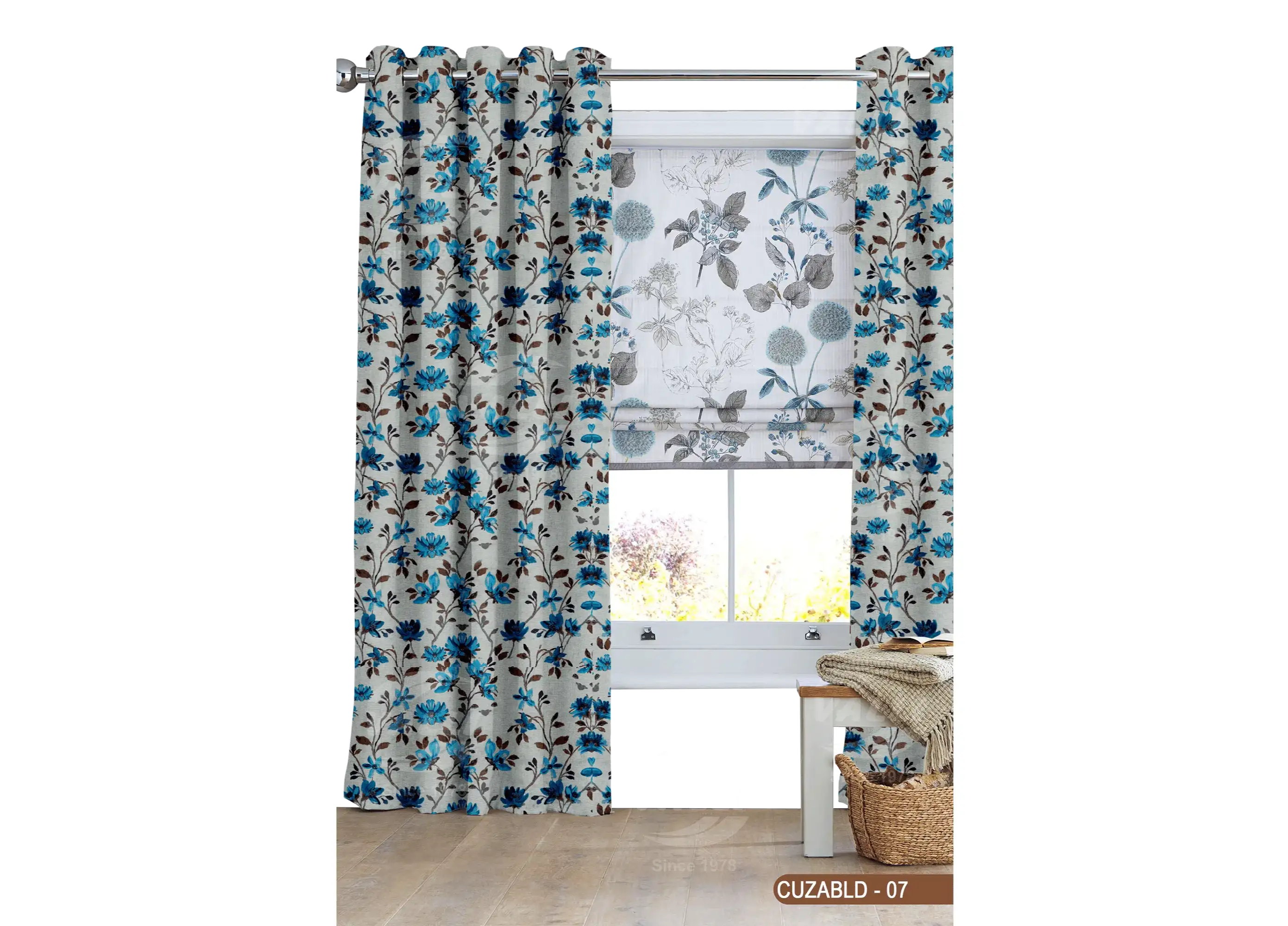 Self Design Flower Velvet Type Curtain Blue