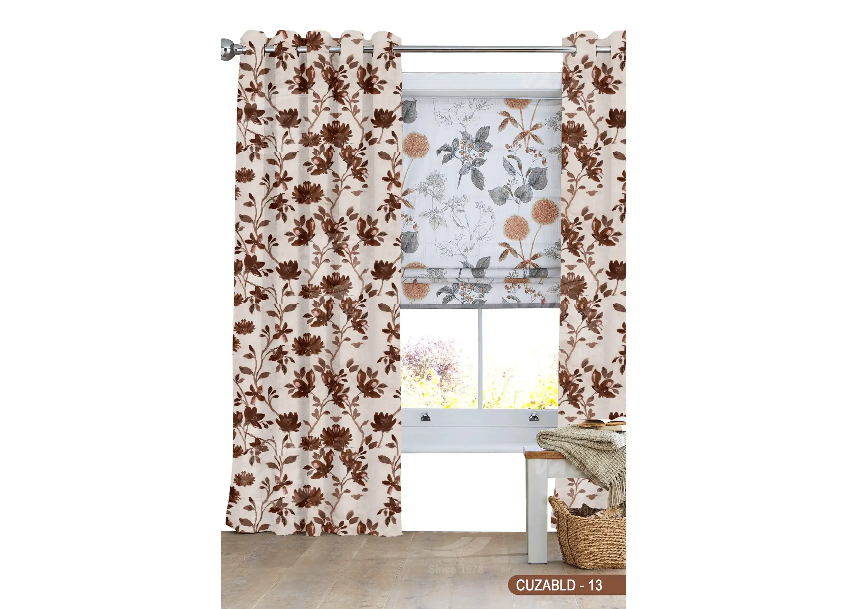 Self Design Flower Velvet Type Curtain Brown