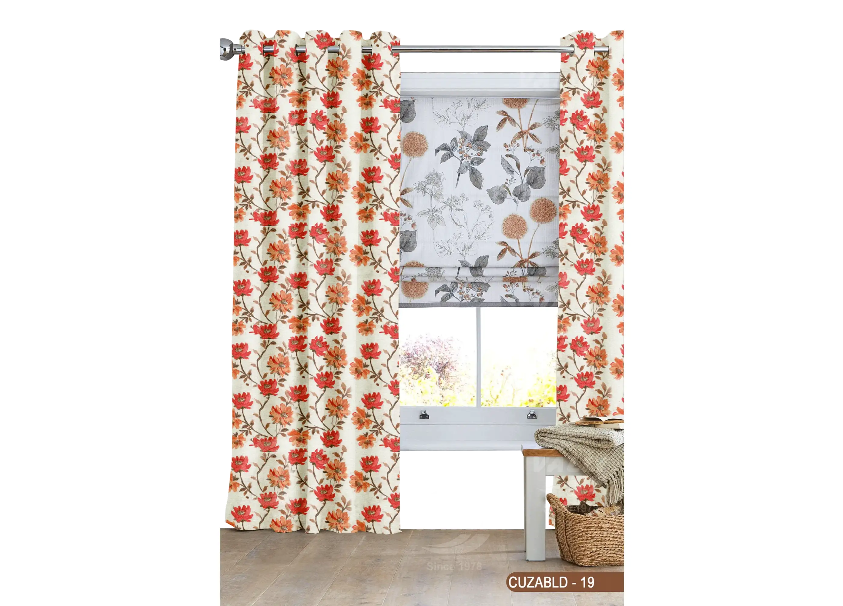 Self Design Flower Velvet Type Curtain Orange