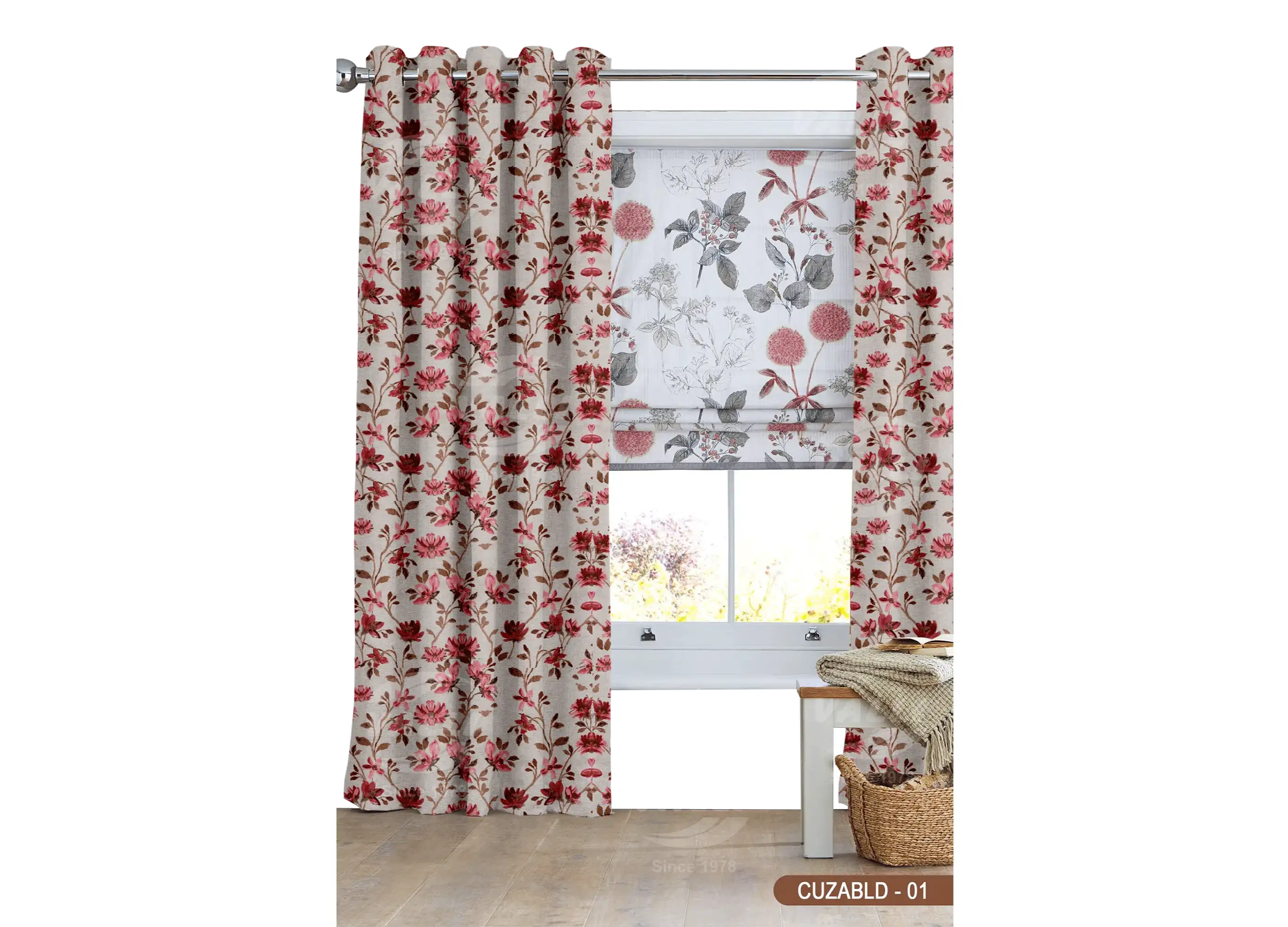 Self Design Flower Velvet Type Curtain PINK