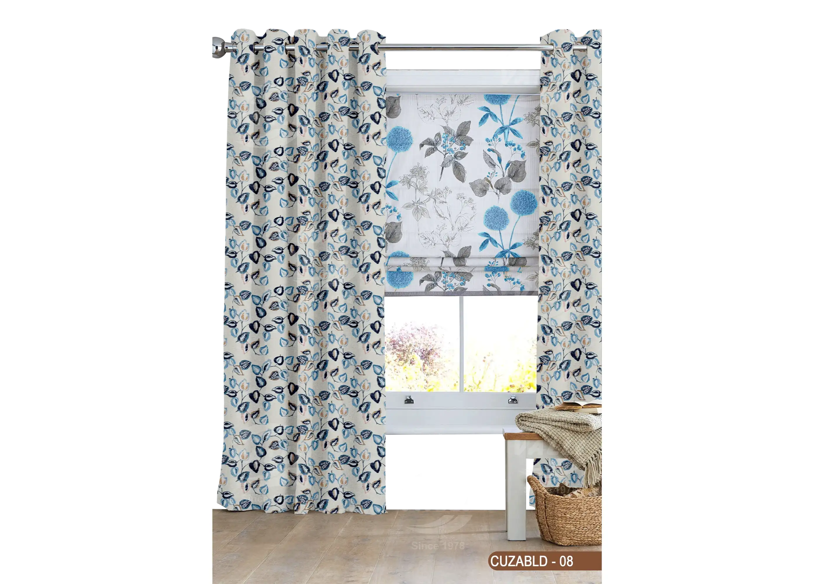 Self Design Leaf Velvet Type Curtain Blue