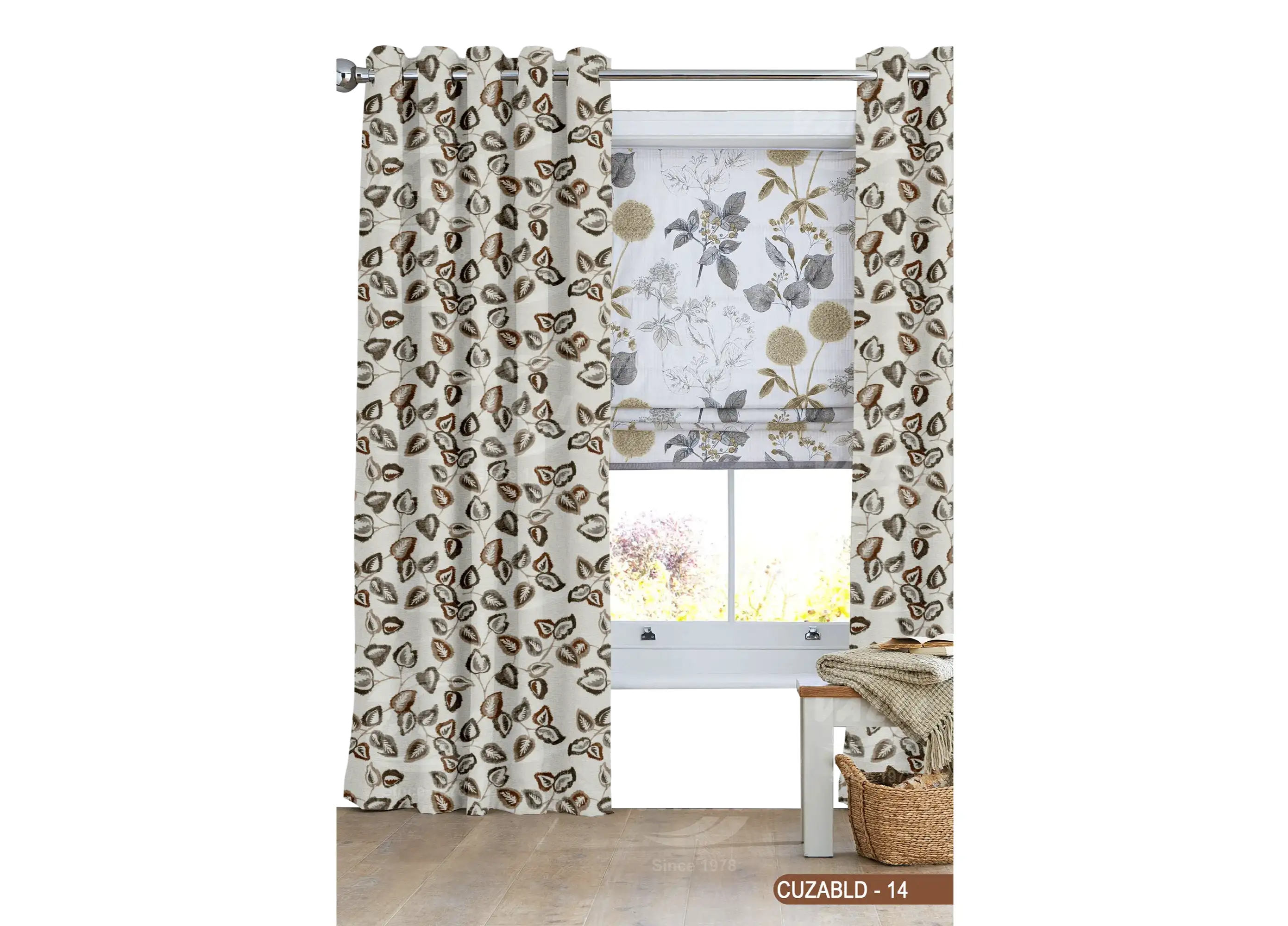 Self Design Leaf Velvet Type Curtain Brown