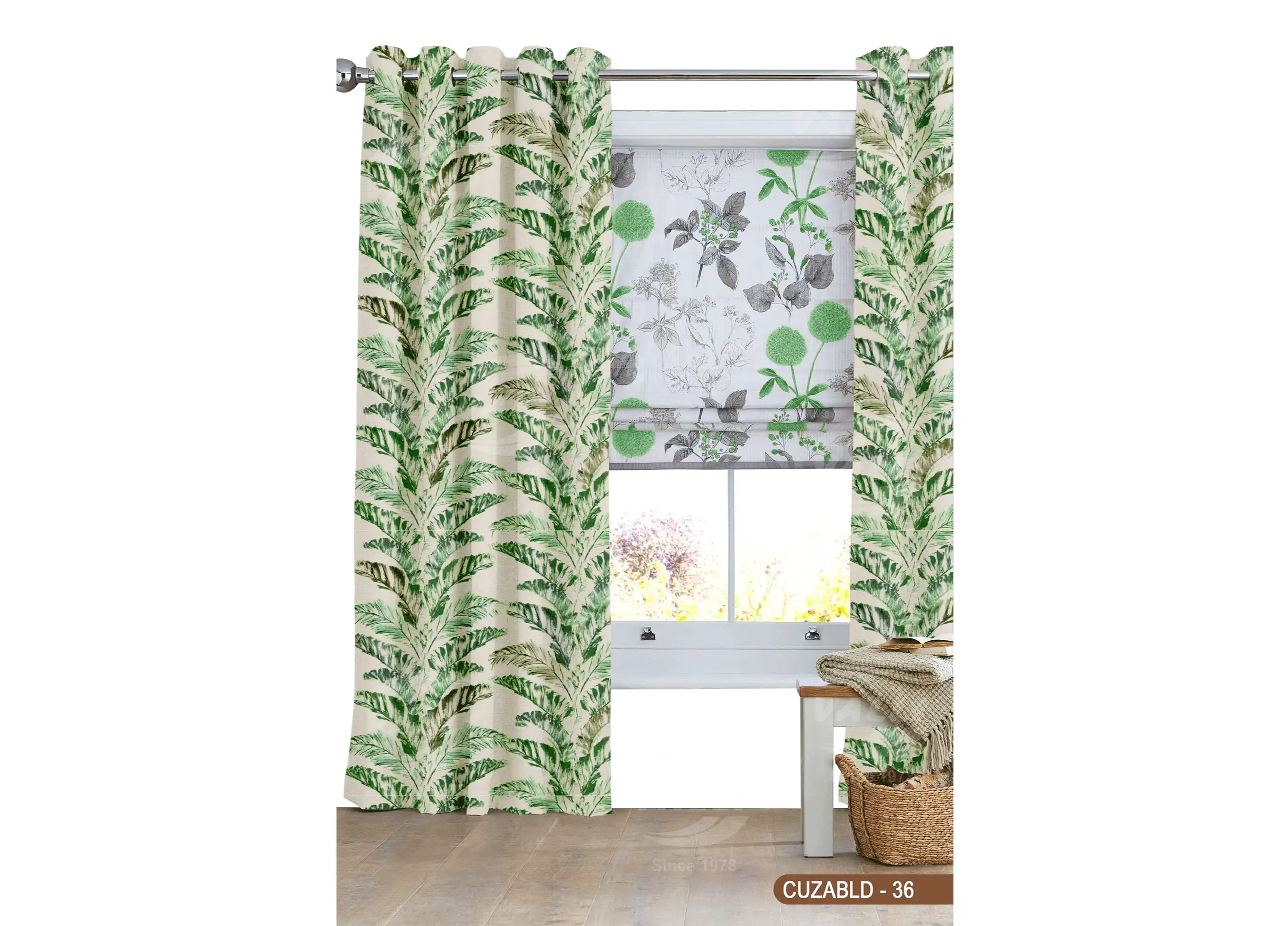 Self Design Leaf Velvet Type Curtain Green