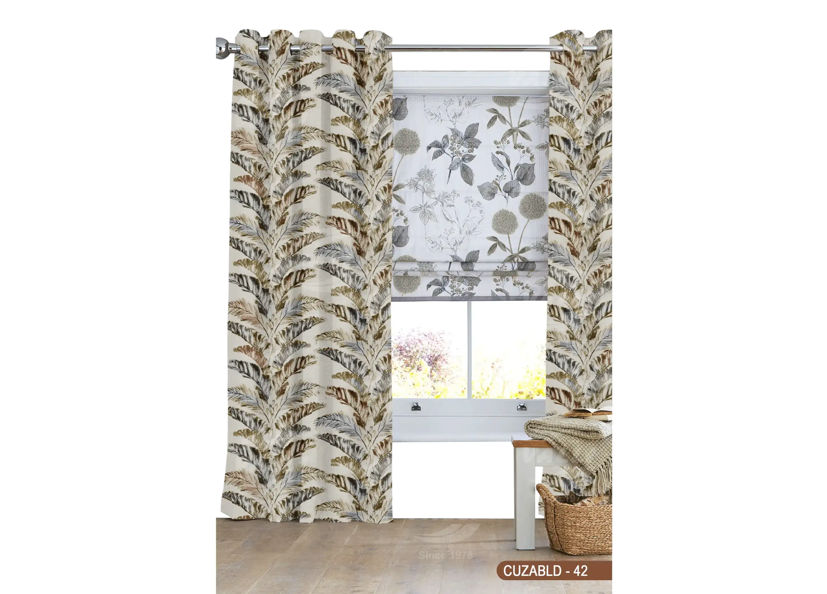 Self Design Leaf Velvet Type Curtain Grey