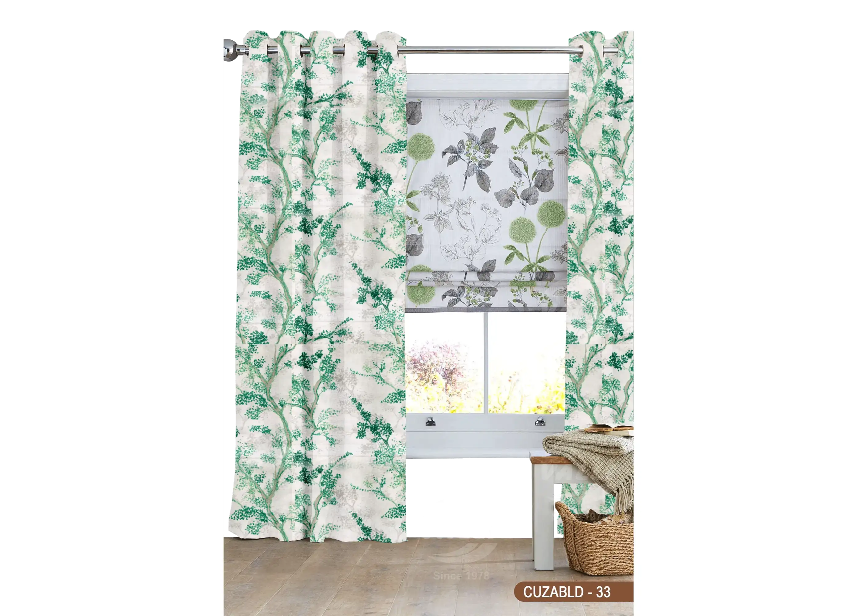 Self Design Tree Velvet Type Curtain Green