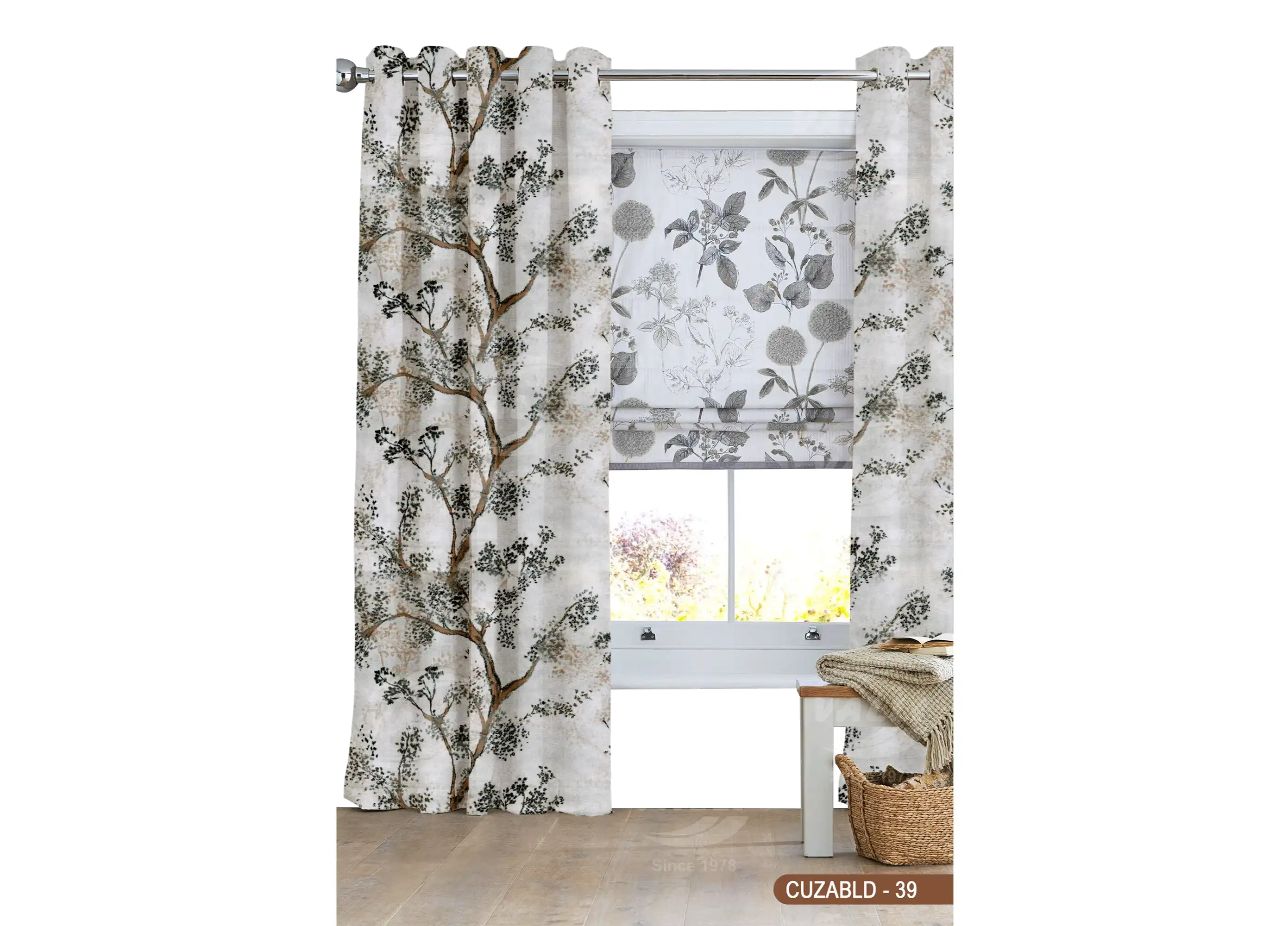 Self Design Tree Velvet Type Curtain Grey