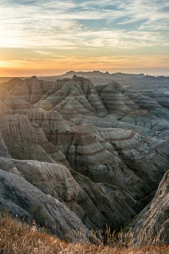 Layered rock formations at Badlands National Park in South Dakota