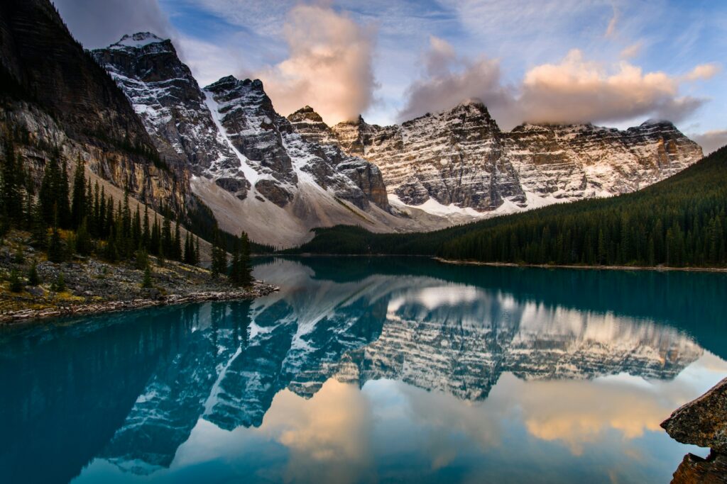 Moraine Lake and mountain peaks in Banff National Park, Alberta, Canada