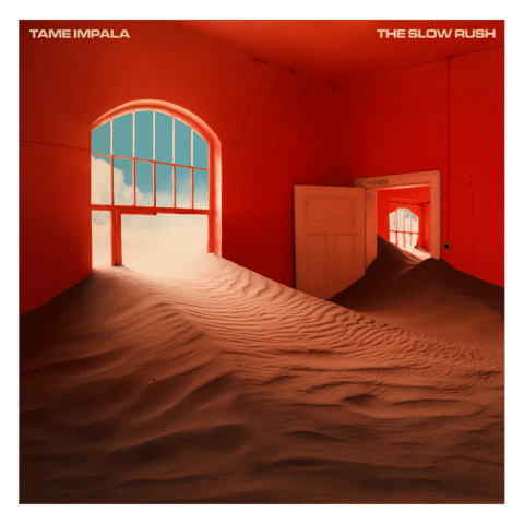 Tame Impala The Slow Rush album cover showing a red sand-filled room photographed at Kolmanskop Namibia