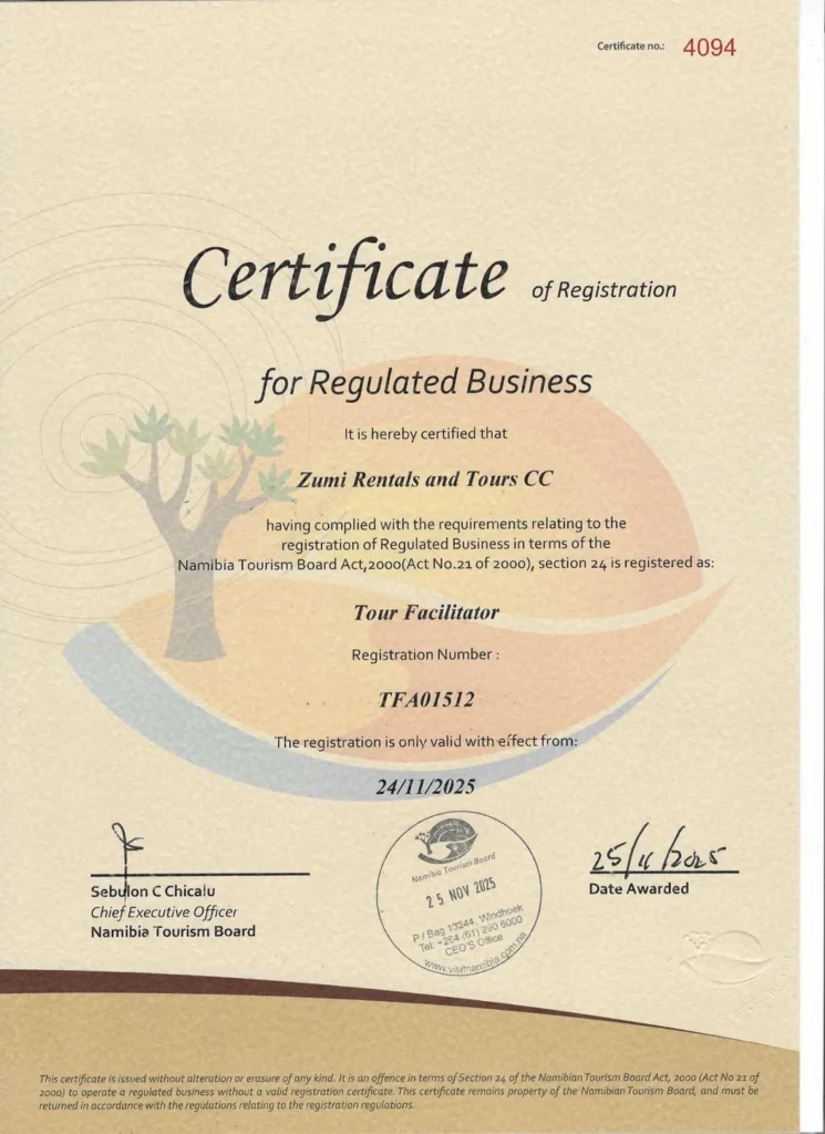 Namibia Tourism Board certificate registering Zumi Rentals and Tours CC as a Tour Facilitator