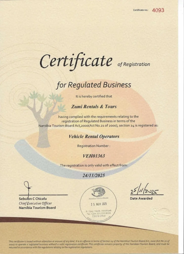 Namibia Tourism Board certificate registering Zumi Rentals and Tours as a Vehicle Rental Operator
