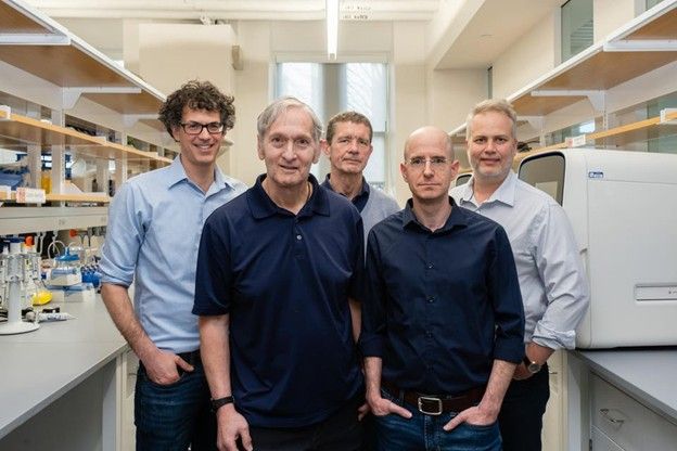 Somite Therapeutics founders Allon Klein, Cliff Tabin, Olivier Pourquié, Jonathan Rosenfeld, and Micha Breakstone stand together for a group portrait.