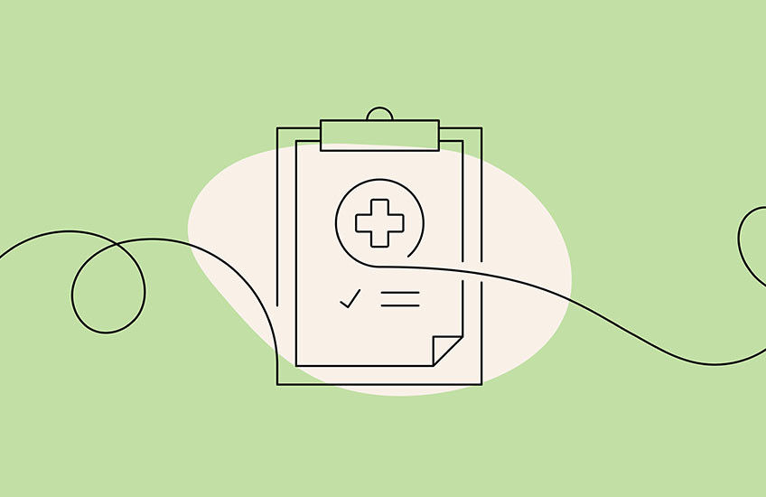 A simple line drawing of a medical clipboard with a plus sign and checkmark on a light green background.