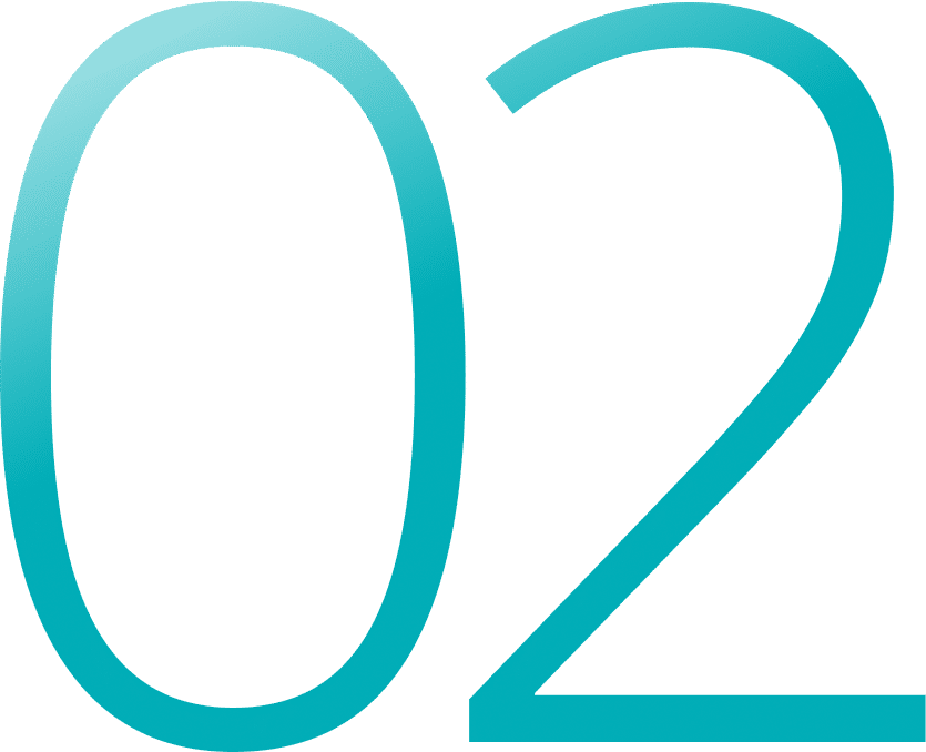 Large, stylized number "02" in a gradient turquoise color on a black background.