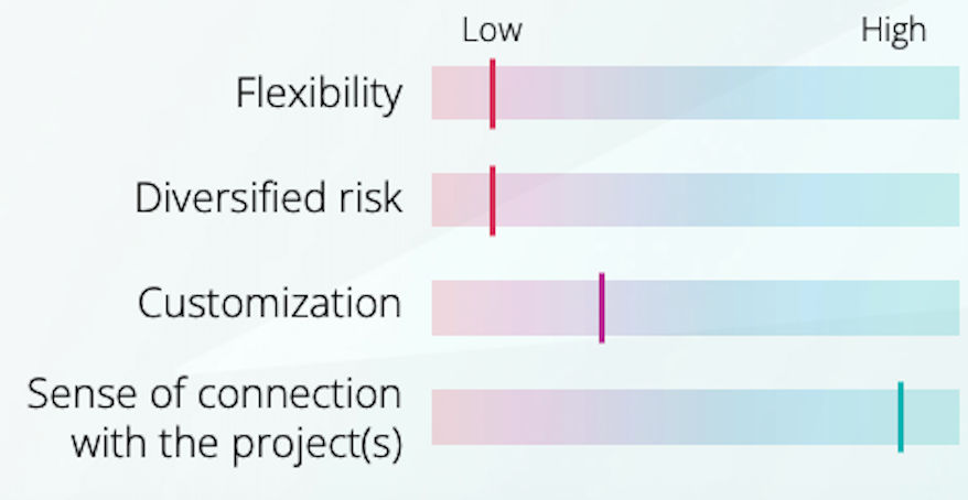 A chart displaying four categories with varying levels of flexibility, risk diversification, customization, and project connection - all in relation to carbon credits.