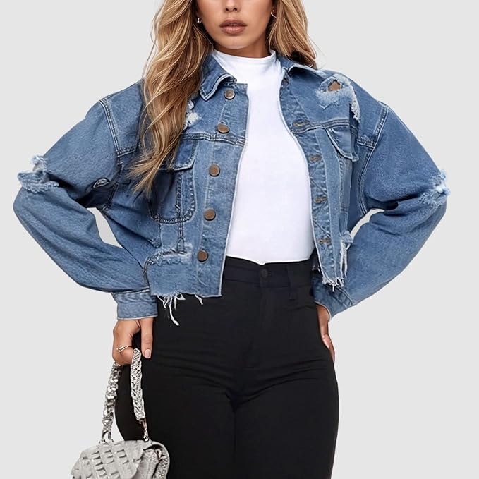 Veste en Jean Femme Courte Oversize Effet Déchiré – Veste Denim Crop Tendance