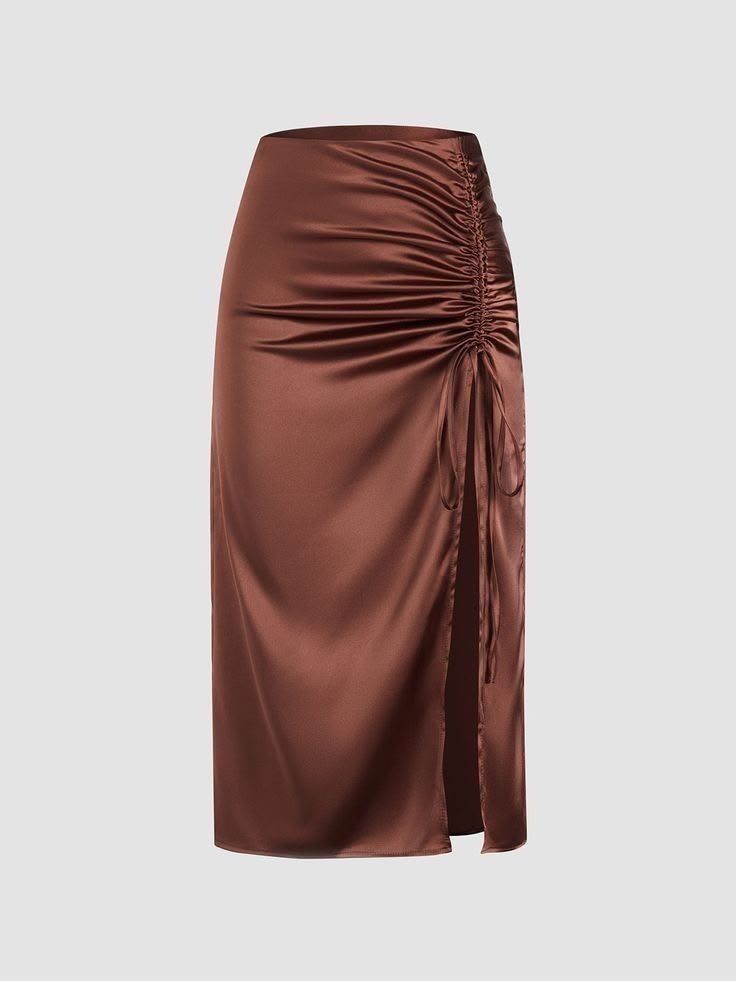 Jupe Longue Femme Satinée Marron à Fronces et Fente Latérale – Jupe Drapée Tendance - vue 2