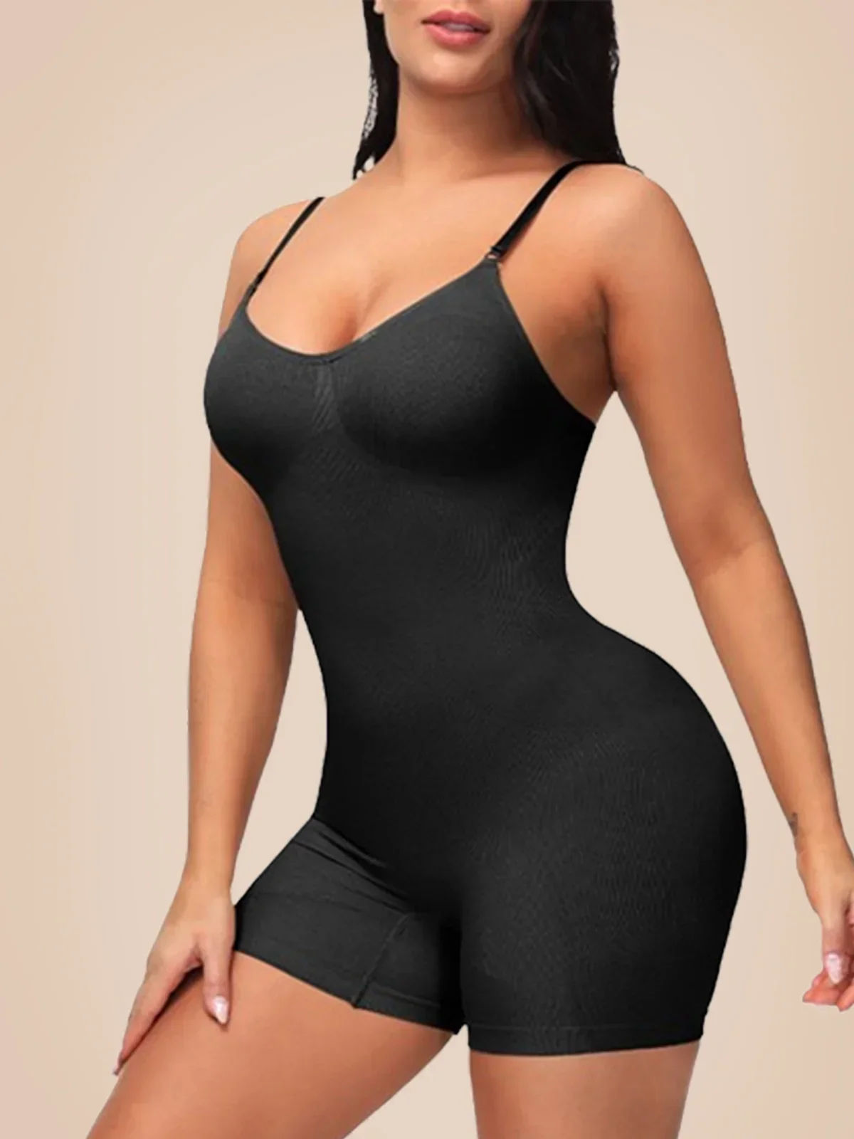 Combinaison Gainante Femme Sans Manches à Bretelles Fines – Shorty Sculptant Noir Seamless