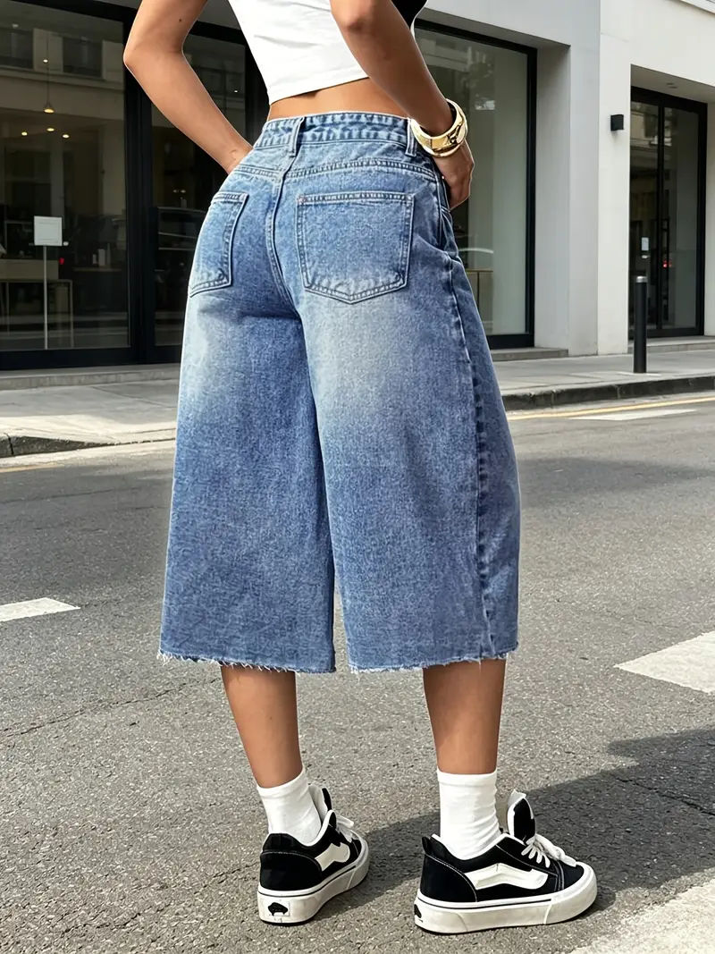 Bermuda en Jean Femme Taille Haute Coupe Large – Short Long Denim Bleu Délavé à Ourlet Effiloché - vue 2