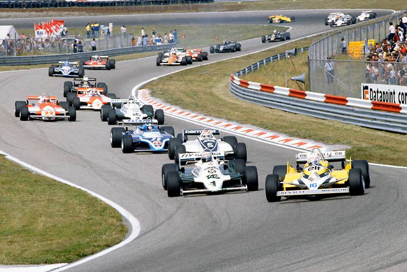 Rene Arnoux (Renault RE30) leads Alan Jones (Williams FW07C-Ford Cosworth), Nelson Piquet (Brabham BT49C-Ford Cosworth), Jacques Laffite (Ligier JS17-Matra), Carlos Reutemann (Williams FW07C-Ford Cosworth), Mario Andretti (Alfa Romeo 179C), John Watson (McLaren MP4/1-Ford Cosworth), Elio de Angelis (Lotus 87-Ford Cosworth), Patrick Tambay (Ligier JS17-Matra), Didier Pironi (Ferrari 126CK), Riccardo Patrese (Arrows A3-Ford Cosworth), Bruno Giacomelli (Alfa Romeo 179C), Hector Rebaque (Brabham BT49C-Ford Cosworth), Derek Daly (March 811-Ford Cosworth) and Nigel Mansell (Lotus 87-Ford Cosworth).