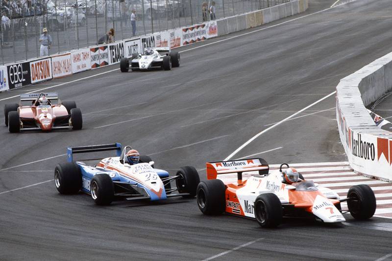 Eddie Cheever (Talbot Ligier JS19 Matra), Mario Andretti (Ferrari 126C2) and Derek Daly (Williams FW08 Ford).