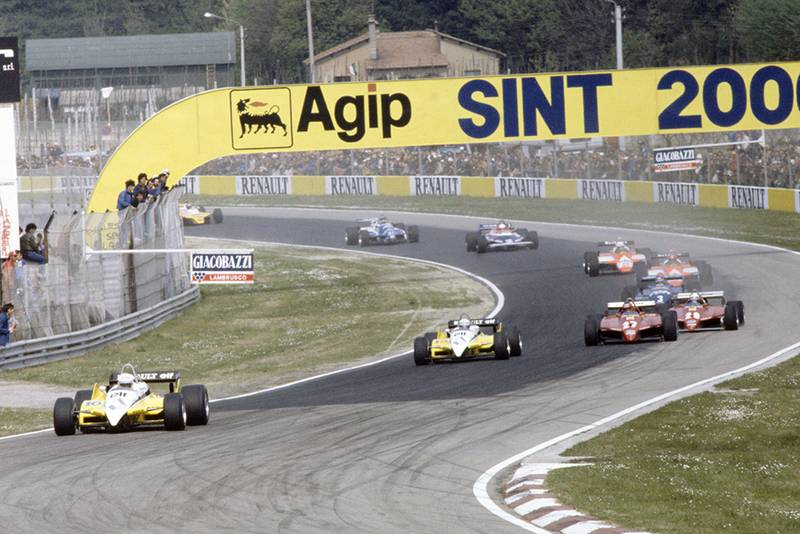 Rene Arnoux leads Alain Prost (both Renault RE30B), Gilles Villeneuve, Didier Pironi (both Ferrari 126C2), Michele Alboreto (Tyrrell 011-Ford Cosworth), Bruno Giacomelli, Andrea de Cesaris (both Alfa Romeo 182), Teo Fabi (Toleman TG181C-Hart), Jean-Pierre Jarier (Osella FA1C-Ford Cosworth) and Eliseo Salazar (ATS D5-Ford Cosworth).