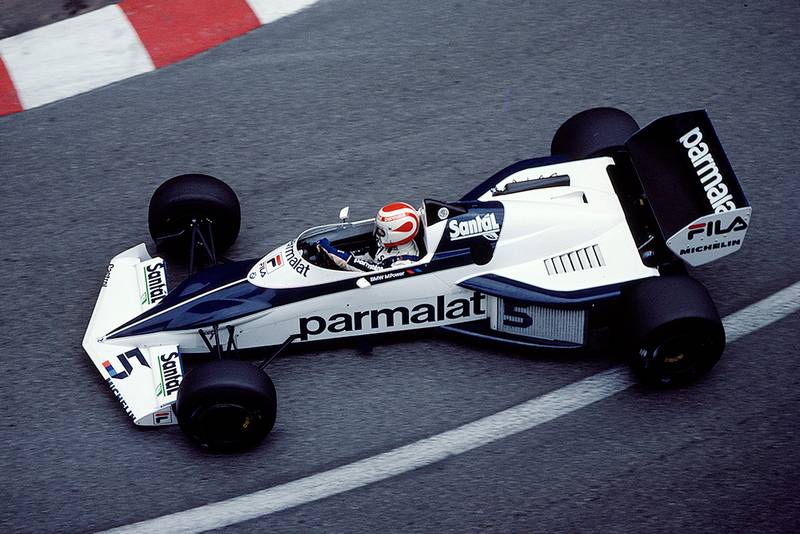 Nelson Piquet cornering in his Brabham BT52 BMW.