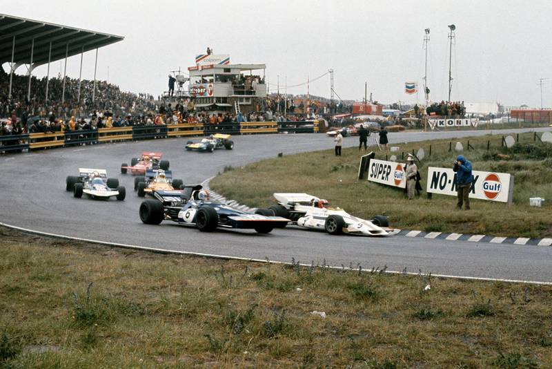 Tyrrell's Francois Cevert battles with Surtees' Rolf Stommelen at the 1971 Dutch Grand Prix