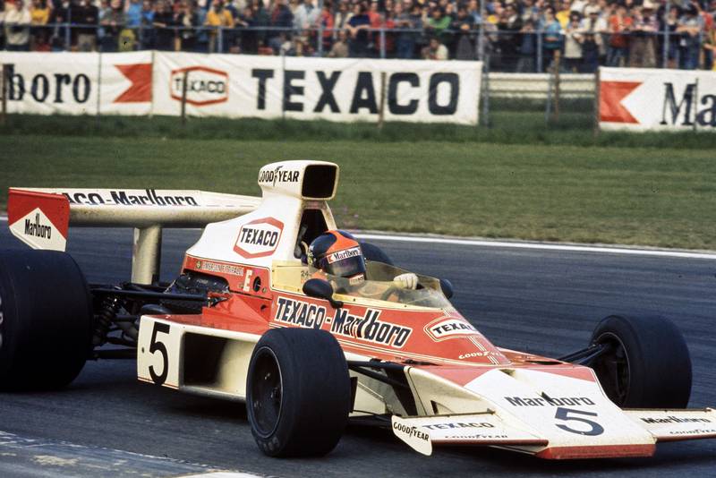 Emerson Fiitpaldi (McLAren) on his way to finishing first at the 1974 Belgian Grand Prix, Zolder.