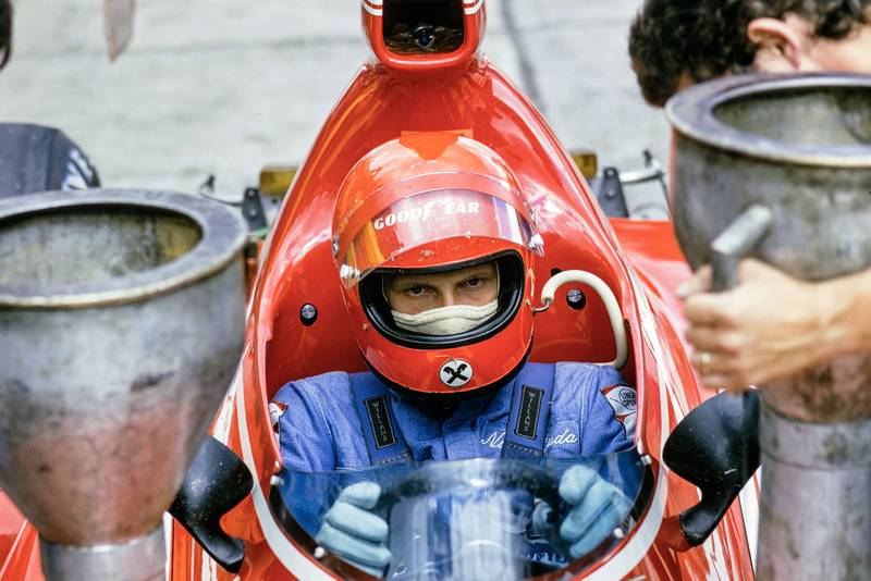Niki Lauda sits in his Ferrari at the 1974 German Grand Prix.