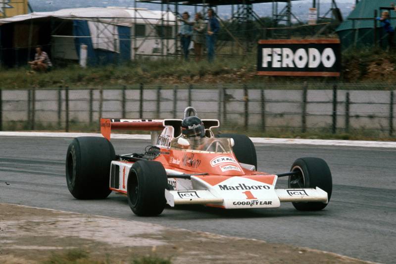 James Hunt (McLAren) driving at the 1997 South African Grand Prix, Kyalami.