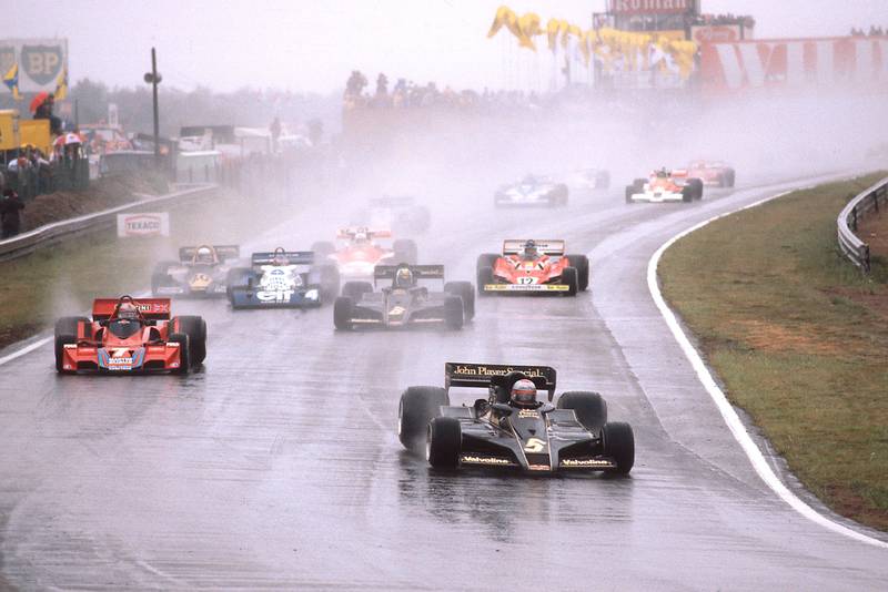 Mario Andretti leads the field at the start of the 1977 Belgian Grand Prix, Zolder.