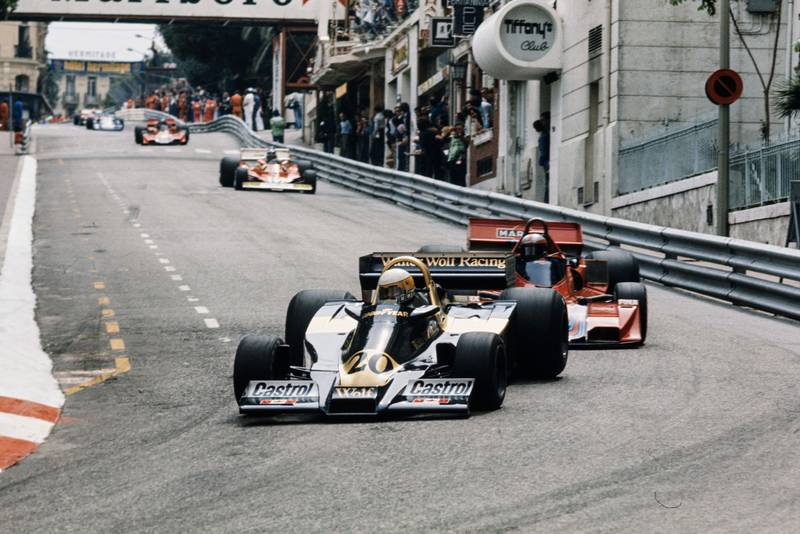 Jody Scheckter keeps his Wolf ahead of John Watson's Brabham at the 1978 Monaco Grand Prix.