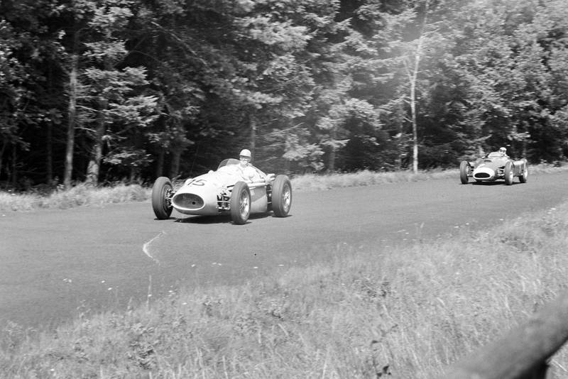 Louis Rosier throws his Maserati 250F into a corner at 1956 German Grand Prix, Nurburgring.