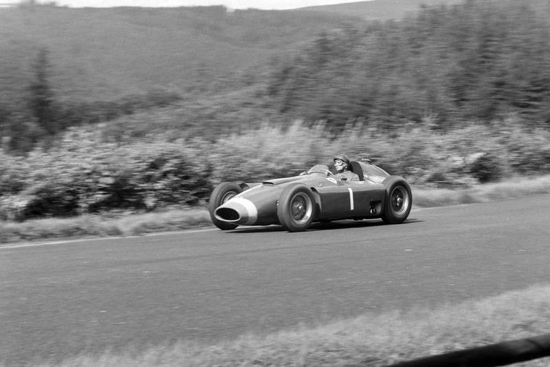 Juan Manuel Fangio taking his Ferrari to victory at 1956 German Grand Prix, Nurburgring.