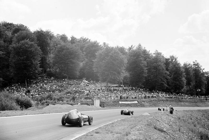 Herbert MacKay-Fraser, BRM P25, leads Stuart Lewis-Evans, Vanwall, 1957 French Grand Prix, Rouen.