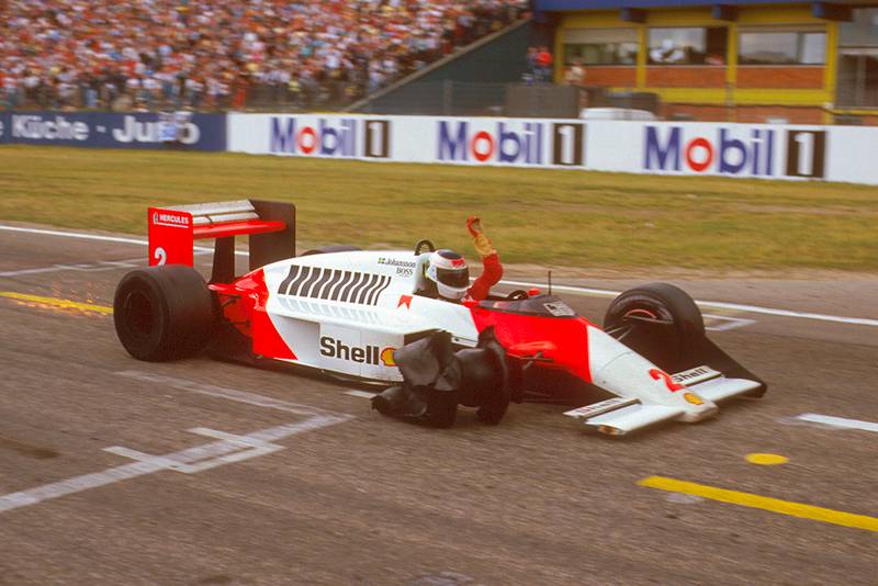 Stefan Johansson in his McLaren MP4/3 TAG Porsche finishing 2nd with only three wheels on the car.