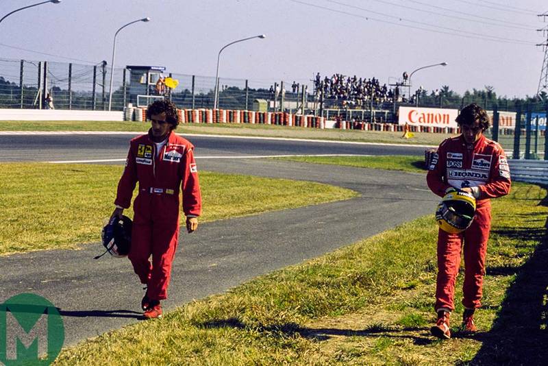 Alain Prost and Ayrton Senna walking back to the pits Japanese Grand Prix Suzuka 1990