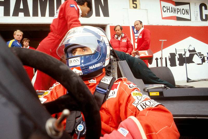 Alain Prost prepares in his McLaren MP42 TAG Porsche.