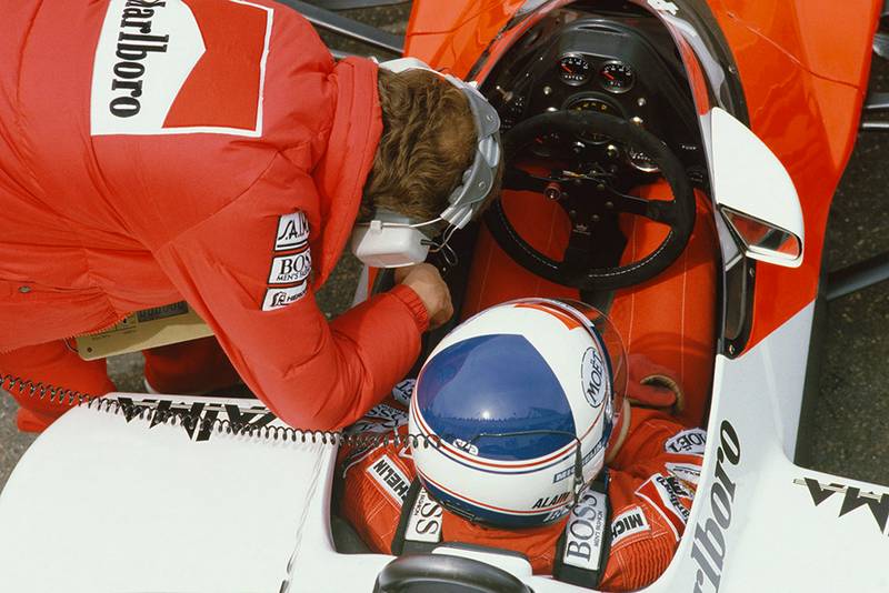 Alain Prost in the cockpit of his McLaren MP4/2-TAG Porsche.