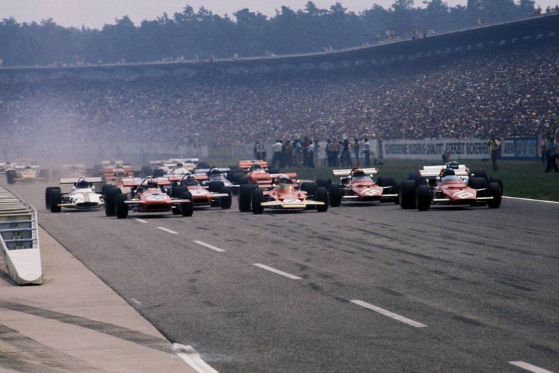 The cars pull away at the start of the 1970 German Grand Prix