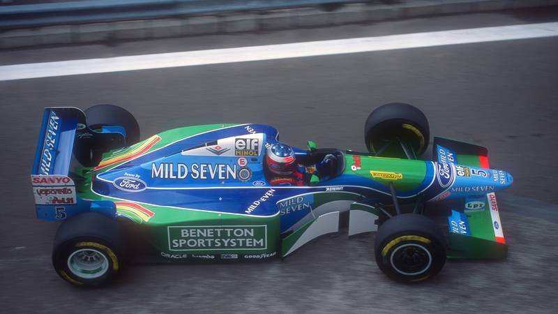 Michael Schumacher in his Benetton Ford at the 1994 Belgian Grand Prix at Spa Francorchamps