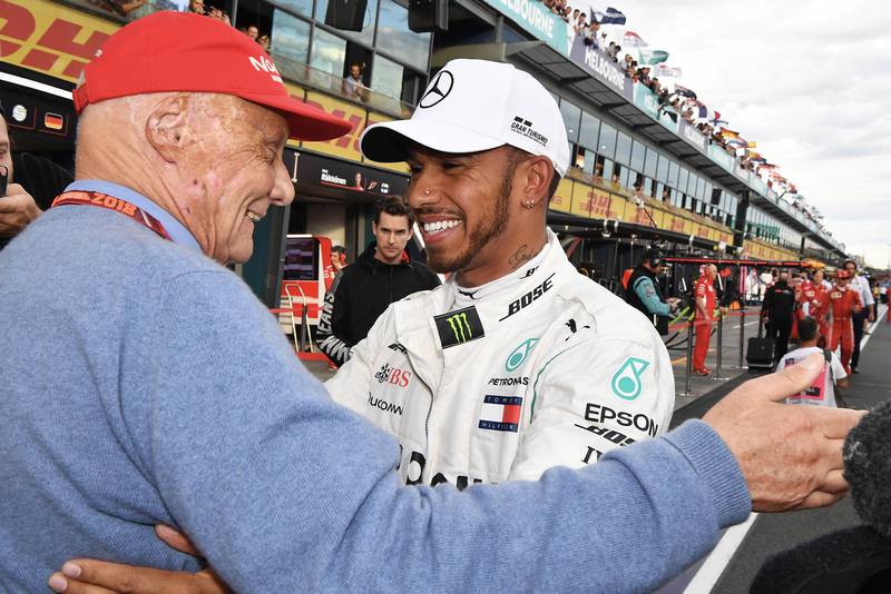 Niki Lauda embraces Lewis Hamilton