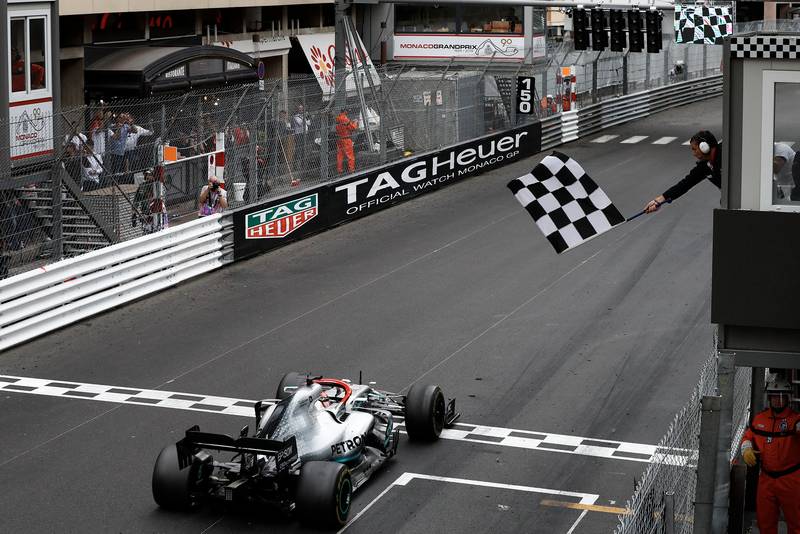 Chequered flag and light panel at the end of the 2019 Monaco Grand Prix