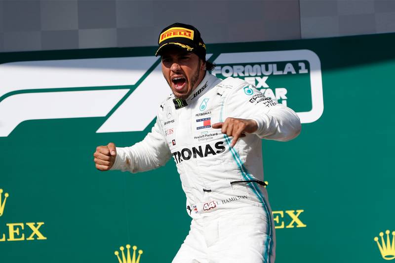 Lewis Hamilton celebrates winning the 2019 Hungarian Grand Prix